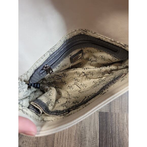 GUESS Leather Gray Cream Studded Handbag Purse Y2K Gunmetal Chain Handle - Picture 5 of 11